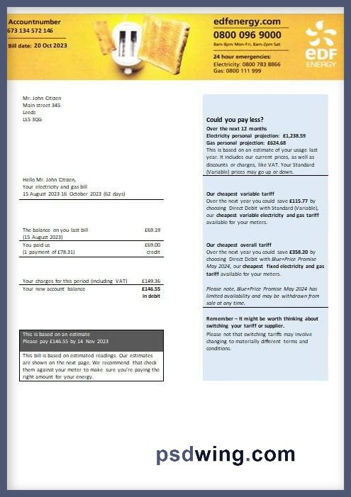 United Kingdom EDF Energy Electricity and Gas Utility Bill